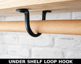 Hand Forged Under Shelf Loop Hook, Under Counter U Hook, Black or Waxed Raw Steel, 3 Sizes - custom offer for Zdenka