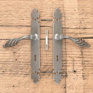 Aged Steel Door Handle Set – Calderwick Long Backplate for Old House Restoration, 72mm Key / Euro / WC