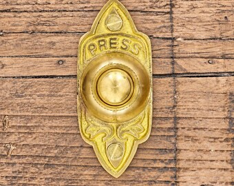 Victorian Brass Doorbell Push – Vertical Antique Bell Button, Ornate Press Plate