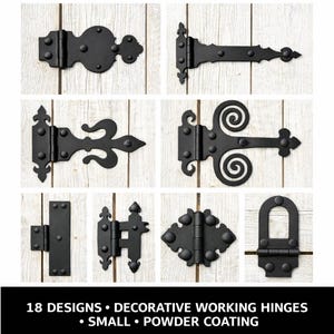 Små fungerande dekorativa gångjärn med rem – skåp/jalusi/byrå, laserskuret stål, matt svart pulverlackering, 18 designer