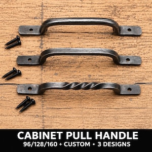 May include: Three dark grey metal cabinet pull handles with a smooth or twisted bar design, each featuring two mounting holes on flat ends. The set includes six black screws for installation. Text reads: CABINET PULL HANDLE 96/128/160 + CUSTOM • 3 DESIGNS