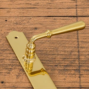 Op de afbeelding: Een deurkrukset van gepolijst messing met een lange, rechthoekige achterplaat met een afgeronde bovenkant en een enkel schroefgat. De hendel heeft een glad, taps toelopend ontwerp met een decoratieve, meervoudig geringde halssectie.