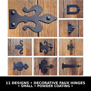 Small Faux Strap Hinges – Decorative Shutter Hardware, Carriage House Look, Matte Black Powder-Coated Steel, 11 Designs, 80–200mm (Dummy)