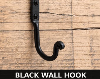 Simple Black Wall Hook – Hand Forged Steel Hook, Brushed & Waxed, 4 Sizes, Rustic Coat Towel Hook with Screws