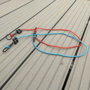 May include: Two leashes with black metal clips and swivels. One leash is red and the other is blue.