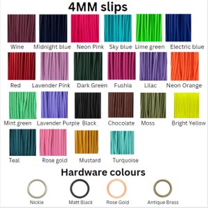May include: A chart of 4mm elastic cord colors, including wine, midnight blue, neon pink, sky blue, lime green, electric blue, red, lavender pink, dark green, fuchsia, lilac, neon orange, mint green, lavender purple, black, chocolate, moss, bright yellow, teal, rose gold, mustard, and turquoise. Below the chart are four hardware color options: nickel, matt black, rose gold, and antique brass.