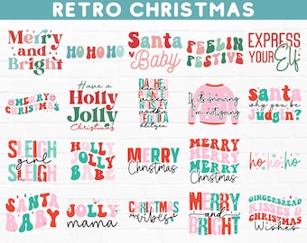 May include: A collection of retro Christmas-themed designs with phrases like "Merry and Bright," "Santa Baby," and "Holly Jolly Christmas." The designs feature a mix of red, green, and pink colors in a groovy, retro style.