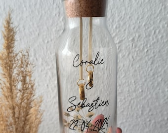 Porte alliances/ Bouteille porte alliances, mariage, fiançailles, bouteille en verre, bohème, cadeau, original, personnalisé, fleurs séchées