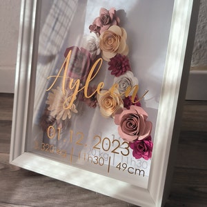 LETTER frame "flower garden" style, personalized frame, paper flower, birth, baptism, room decoration, gift, handmade