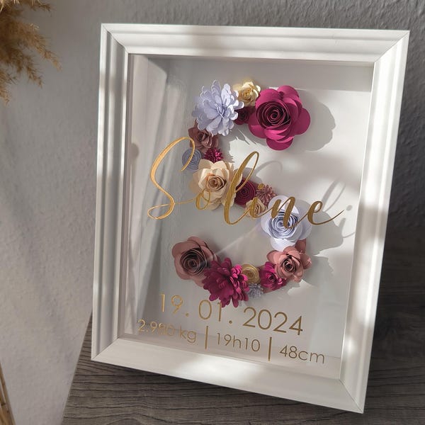 LETTER frame in "flower garden" style, personalized frame, paper flower, birth, baptism, room decoration, gift, handmade