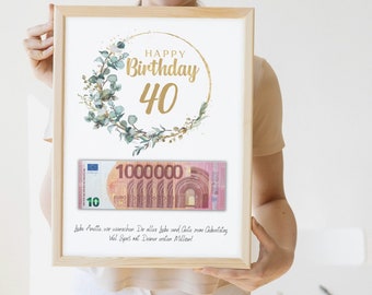 Cadeau voor een bijzondere verjaardag | 40e verjaardagscadeau | Contante gift: uw eerste miljoen | Digitale affiche downloaden