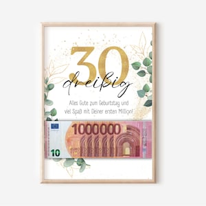 Cash gift 30th birthday | personalized money birthday gift | DIY cash gift your first million | Poster digital download PDF