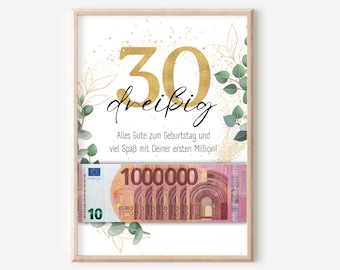 Geldcadeau voor 30e verjaardag | gepersonaliseerd geld verjaardagscadeau | DIY-geld geef je eerste miljoen cadeau | Affiche digitaal downloaden PDF