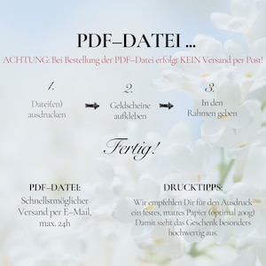 Puede incluir: Una imagen blanca con texto en alem&aacute;n que detalla las instrucciones para un archivo PDF. Los pasos incluyen imprimir, aplicar billetes y enmarcar. Tambi&eacute;n recomienda usar papel mate para la impresi&oacute;n.