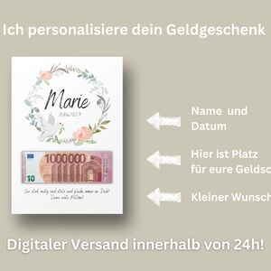 May include: A printable digital card with a floral wreath and a dove. The card is personalized with the name "Marie" and the date "16 Mai 2029". The card also includes a space for a gift message and a place to put money.