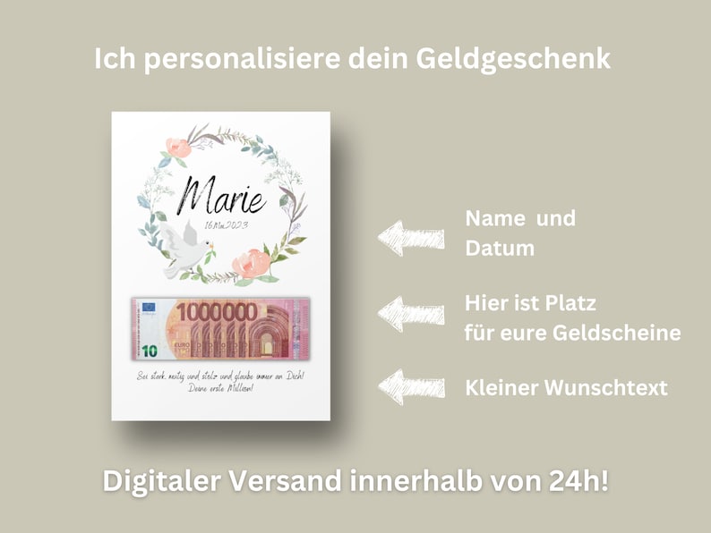 May include: A printable digital card with a floral wreath and a dove. The card is personalized with the name "Marie" and the date "16 Mai 2029". The card also includes a space for a gift message and a place to put money.