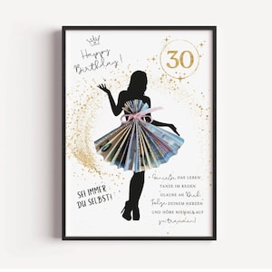 Può includere: Una stampa incorniciata con una silhouette nera di una donna con un vestito fatto di soldi. La stampa include il testo "Happy Birthday!" e "30". Glitter dorati e frasi ispiratrici circondano la figura.