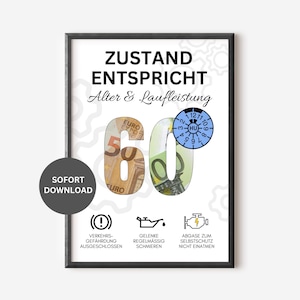 Puede incluir: Impresi&oacute;n enmarcada con el texto "ZUSTAND ENTSPRICHT Alter & Laufleistung". El n&uacute;mero "60" se muestra con el "6" hecho de billetes en euros y el "0" con un c&iacute;rculo azul y blanco. Incluye iconos y las palabras "SOFORT DOWNLOAD".