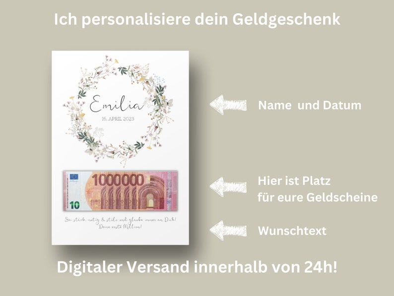 May include: A printable digital card with a floral wreath design. The card has a space for a name, date, and a message. The card also has a space for a picture of a banknote. The text on the card reads "Ich personalisiere dein Geldgeschenk" and "Digitaler Versand innerhalb von 24h!"