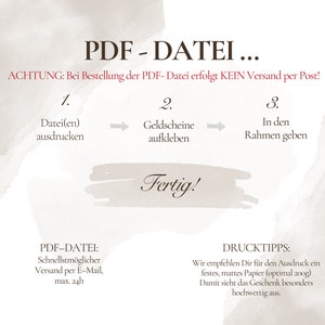 May include: A diagram with three steps for creating a printable gift: 1. Print the PDF file, 2. Attach gift cards, 3. Place in a frame. The text "PDF - DATEI..." is at the top of the diagram. The text "ACHTUNG: Bei Bestellung der PDF-Datei erfolgt KEIN Versand per Post!" is below the title. The text "Fertig!" is below the steps. The text "PDF-DATEI: Schnellstm&ouml;glicher Versand per E-Mail, max. 24h" is in the lower left corner. The text "DRUCKTIPPS: Wir empfehlen Dir f&uuml;r den Ausdruck ein festes, mattes Papier (optimal 200g) Damit sieht das Geschenk besonders hochwertig aus." is in the lower right corner.
