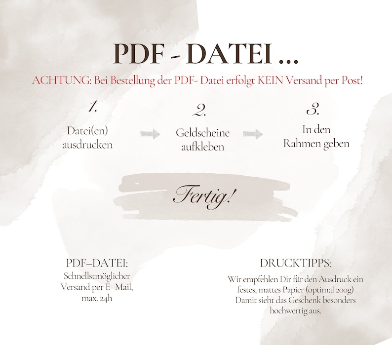 May include: A diagram with three steps for creating a printable gift: 1. Print the PDF file, 2. Attach gift cards, 3. Place in a frame. The text "PDF - DATEI..." is at the top of the diagram. The text "ACHTUNG: Bei Bestellung der PDF-Datei erfolgt KEIN Versand per Post!" is below the title. The text "Fertig!" is below the steps. The text "PDF-DATEI: Schnellstm&ouml;glicher Versand per E-Mail, max. 24h" is in the lower left corner. The text "DRUCKTIPPS: Wir empfehlen Dir f&uuml;r den Ausdruck ein festes, mattes Papier (optimal 200g) Damit sieht das Geschenk besonders hochwertig aus." is in the lower right corner.