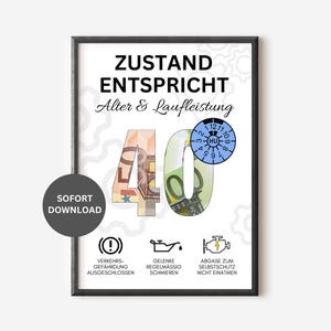 以下が含まれることがあります： 「ZUSTAND ENTSPRICHT Alter & Laufleistung」のテキストとユーロ紙幣で作られた数字「40」が書かれた額入りのプリント。青い検査ステッカーとアイコンが含まれています。「SOFORT DOWNLOAD」と書かれた丸いボタンがあります。