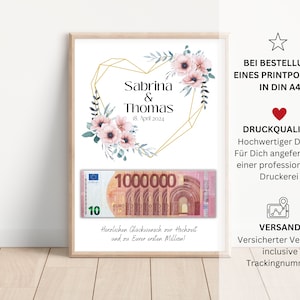 May include: A printable wedding poster with a gold geometric heart design and pink flowers. The poster says "Sabrina & Thomas" and "18. April 2024".