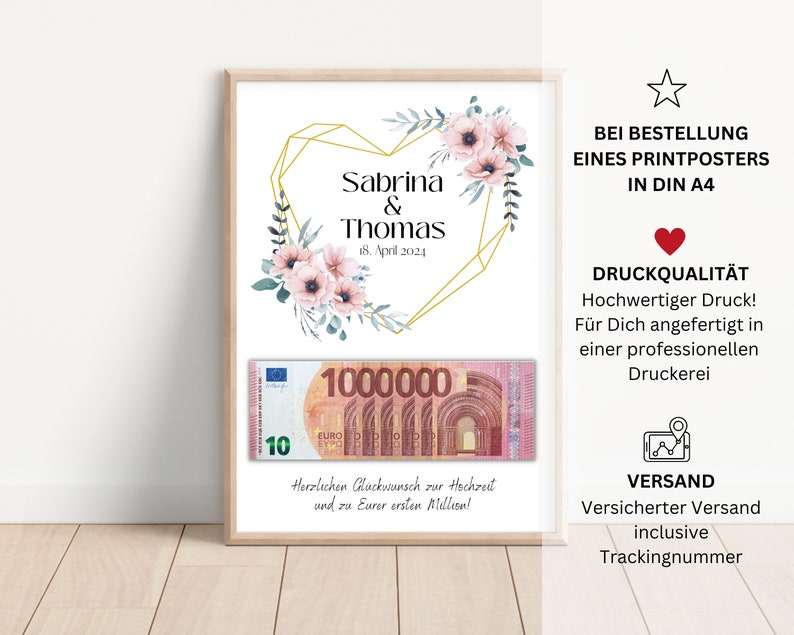 May include: A printable wedding poster with a gold geometric heart design and pink flowers. The poster says "Sabrina & Thomas" and "18. April 2024".
