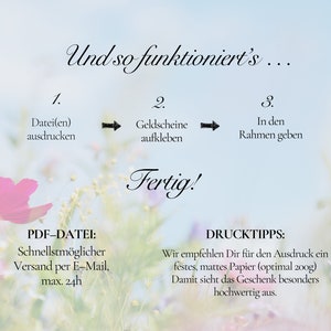 May include: A graphic with instructions on how to create a framed gift certificate. The steps are: 1. Print the certificate, 2. Attach a gift card, and 3. Place in a frame. The text also includes the phrase "Fertig!" which means "Done!" in German. The graphic is set against a blurry background of pink and white flowers.