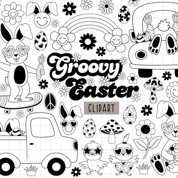 Retro Hippie, Easter Groovy, Groovy Bunny Clipart, Black and white, Easter Eggs, Spring Flower, Easter Truck SVG, Daisy Easter, Easter svg