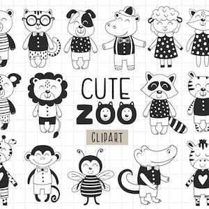 Clipart animaux, ensemble SVG animaux de la jungle, animaux de safari SVG, forêt, noir et blanc, renard, écureuil, raton laveur, hibou, ours, singe animaux du zoo