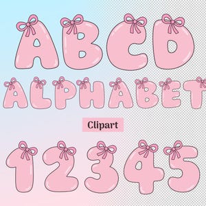 Puede incluir: Un conjunto gráfico digital que presenta las letras A, B, C, D, la palabra ALPHABET y los números 1, 2, 3, 4, 5. Cada carácter está representado en una fuente rosa redondeada estilo burbuja, con un pequeño lazo rosa unido a la parte superior de cada letra y número.