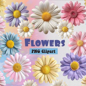 May include: A collection of 10 colorful paper flowers with a variety of colors and designs. The flowers are arranged in a semi-circle with the text "FLOWERS PNG Clipart" in the center.