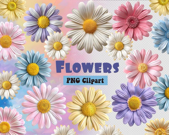 3D Floral Clipart PNG, Floral PNG, Flower Clipart,Flower PNG,  Daisy Clipart, Pastel Daisies Clipart, Spring Flower, 3D Flower png, Gerbera