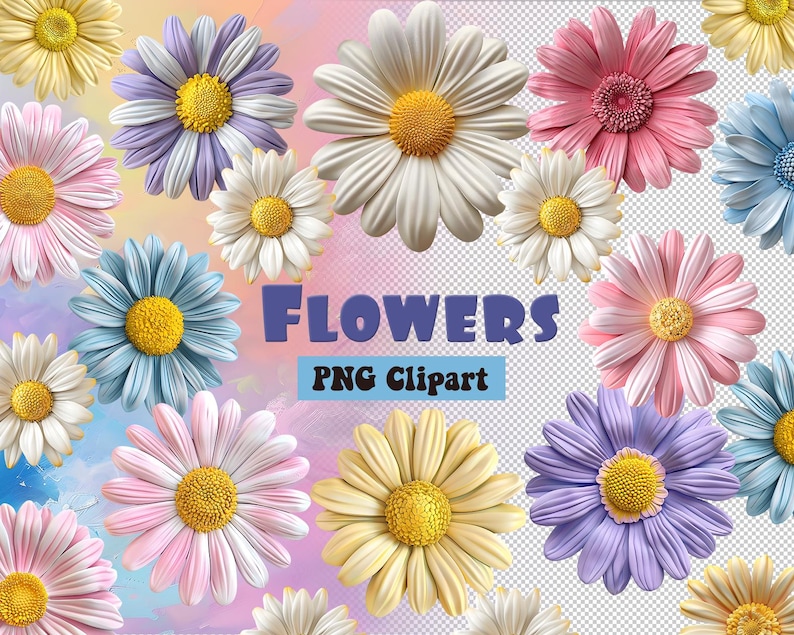May include: A collection of 10 colorful paper flowers with a variety of colors and designs. The flowers are arranged in a semi-circle with the text "FLOWERS PNG Clipart" in the center.