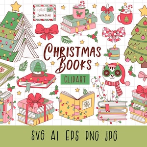 Christmas bookish clipart, Christmas Books Png, Book Lovers Png, Librarian Gift Png, Cozy readers png, Christmas Reading Book svg, Cat svg