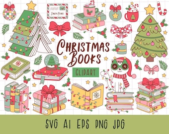 Christmas bookish clipart, Christmas Books Png, Book Lovers Png, Librarian Gift Png, Cozy readers png, Christmas Reading Book svg, Cat svg