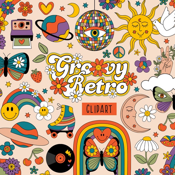 Retro Vibes Digital Clipart Set, Retro 60s 70s, Groovy Hippie, Retro Flowers, Retro rainbows SVG, 90s nostalgia clipart, Daisy Smiley Face