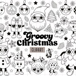 Retro Groovy Christmas Clipart, clipart di Natale, Retro Christmas SVG, Hippie Christmas, Buon Natale PNG, Bianco e nero, Cute SVG