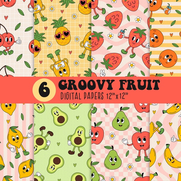 Groovy digital paper, Cartoon Retro Characters, Retro Fruit pattern, Exotic, seamless retro digital paper, Hippie pattern, floral paper