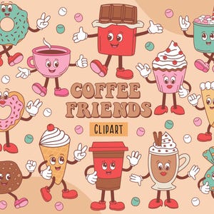 Clipart café, tasse à café svg, nourriture svg, svg amateur de café, meilleurs amis svg, png de café groovy, png de gâteau, png de beignet, clipart dessert