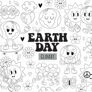 Retro Earth Day, cute hippie flowers, Flower power, Earth svg, Hippie clipart,Groovy characters,Happy Earth Day PNG, Spring, Black and white