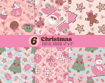 Pink Christmas Digital Paper, Christmas Background,Christmas Seamless Patterns, Pastel Seamless Pattern, Girly Xmas bow, pink Santa, Winter