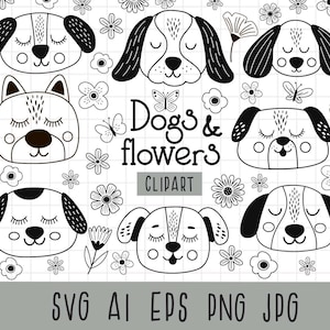 Hond gezicht svg, puppy svg, hond svg, schattige honden clipart, hond hoofd clipart, schattige puppy PNG, dierlijke illustraties, zwart-wit, bloem clipart,