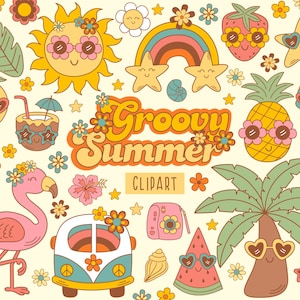 Groovy summer clipart Retro summer clipart Beach clipart Vacation sublimation groovy characters cute boho hippie Flamingo Rainbow Sea Fruits