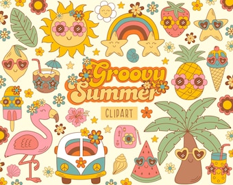 Groovy summer clipart Retro summer clipart Beach clipart Vacation sublimation groovy characters cute boho hippie Flamingo Rainbow Sea Fruits