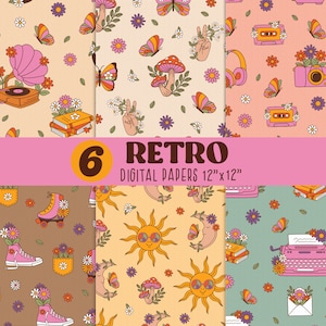 Groovy digitales Papier, nahtloses Retro digitales Papier, 70er Jahre Retro Floral digitales Papier, nahtloses Muster, Hippie-Muster, Retro Hintergrund