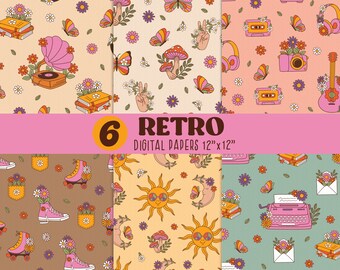 Groovy digital paper, seamless retro digital paper,70s Retro Floral digital paper, Seamless Pattern, Hippie patterns, Retro background