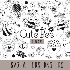 Biene Clipart, Biene svg, schwarz weiß, Bienenwabe svg, Queen Bee svg, Bienenstock, Honigbiene svg, Cute Biene svg, Blumen, Sonnenblume, Kamille,