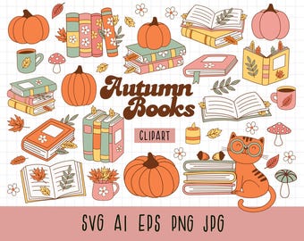 Fall bookish clipart, Retro autumn reading png, Cozy readers png, Cute Fall Clipart, Book lover clipart, Retro Fall Books Clipart, Autumn